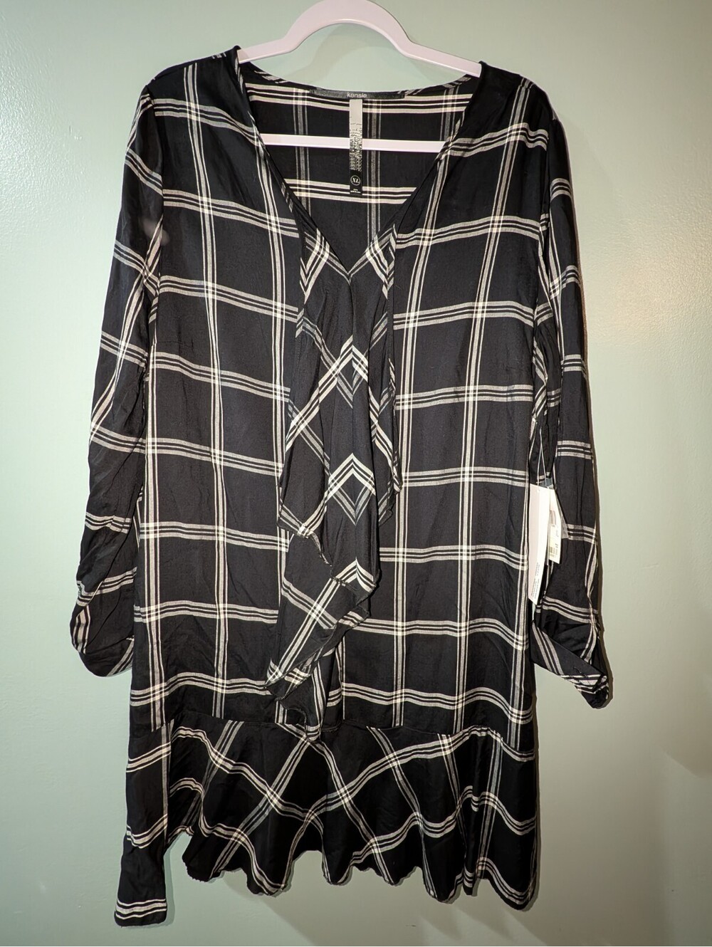 NWT KENSIE Womens Black & White Plaid Jewel Neck Cuffed Dress Size XL